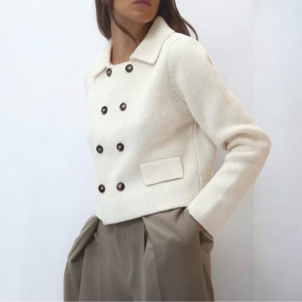 Zara Cream Double-Breasted Chunky Knit  Lapel Sweater Size L